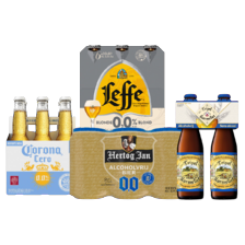 Hertog Jan 0.0%, Corona Cero 0.0%, Leffe blond 0.0% of Tripel Karmeliet 0.4%